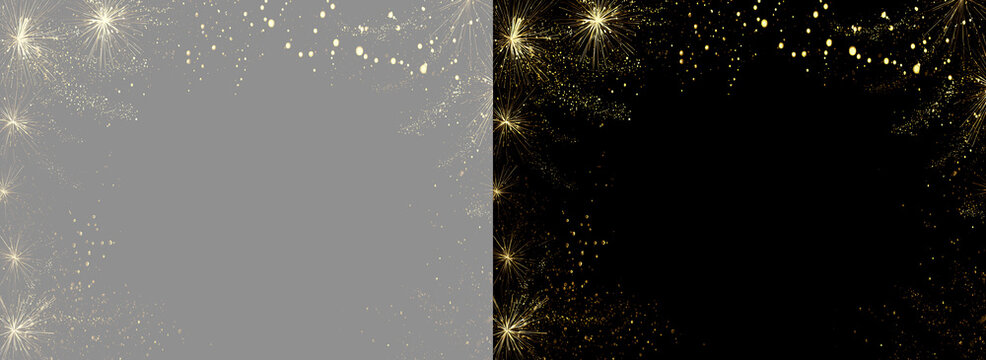 Golden glittering fireworks frame overlay isolated on grey and black background. Sparkling gold particle fireworks border sequence for Christmas and New Year design. Luxury gold starburst sparkles