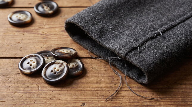 Pile of brown horn buttons next to a stitched dark grey wool garment sleeve with loose threads on a wooden workbench