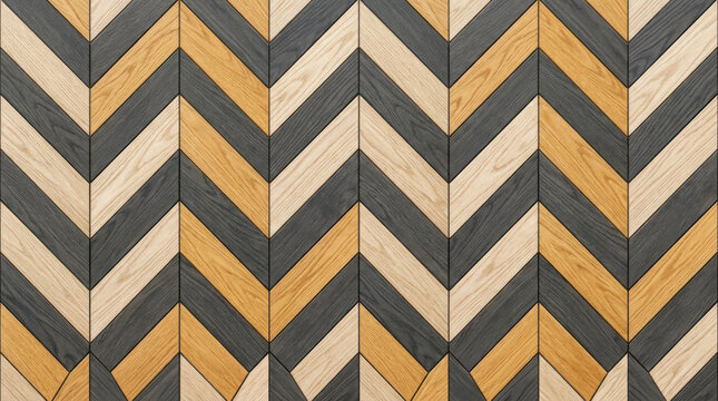 Wooden wall paneling with a herringbone pattern in alternating light and dark generated using ai