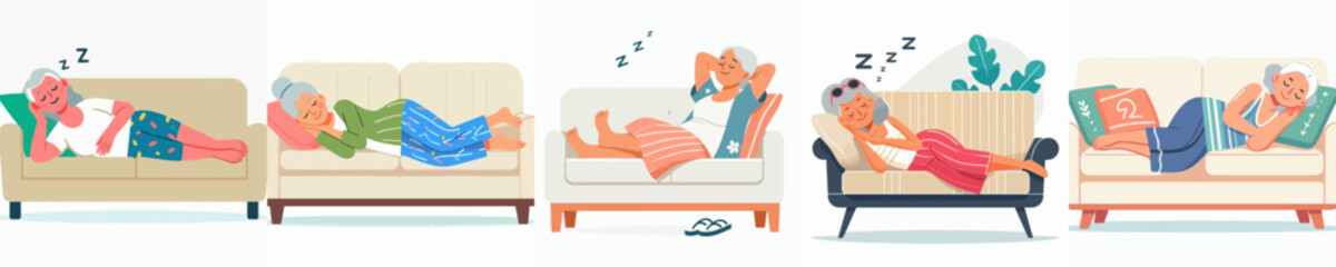 Obraz premium Flat vector illustration of a grandma sleeping on a sofa with summer outfit
