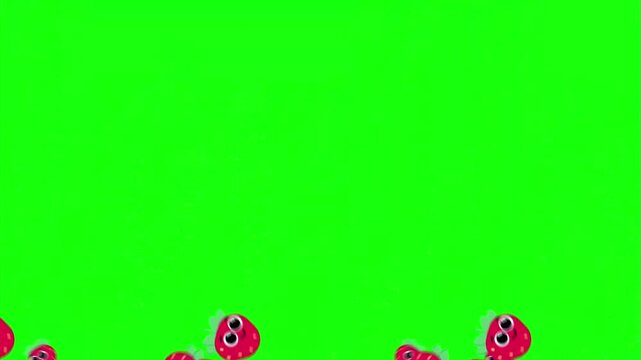 Animated cartoon monster characters falling and filling frame transition on green screen background chroma key