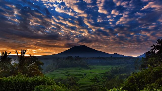 Time Lapse of Sunrise Over Mount Merapi with Rice Terraces and Dramatic Clouds in Java, Indonesia