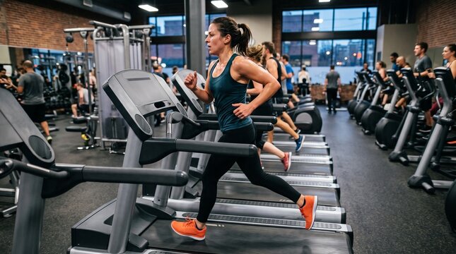 Woman running on treadmill in a busy gym with other people exercising on cardio machines