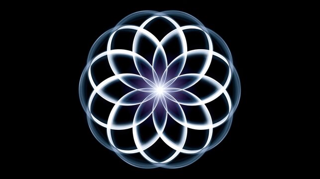 Glowing geometric flower pattern made of overlapping light loops on a black background, creating an abstract symmetrical design with a bright center.