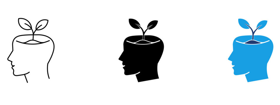 Growth mindset icon with plant sprout growing from human head. Symbol of personal development, mental growth, self improvement, learning, creativity, intelligence, and potential vector.