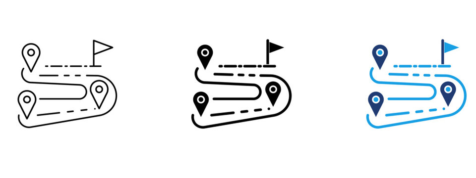 Roadmap icon with map pin location markers and finish flag. Symbol of project timeline, route planning, strategic journey, milestones, navigation, travel destination, and goal achievement vector.