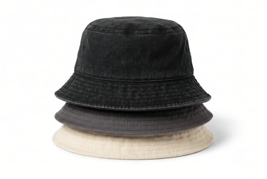 Stack of stylish cotton bucket hats on white background mockup design