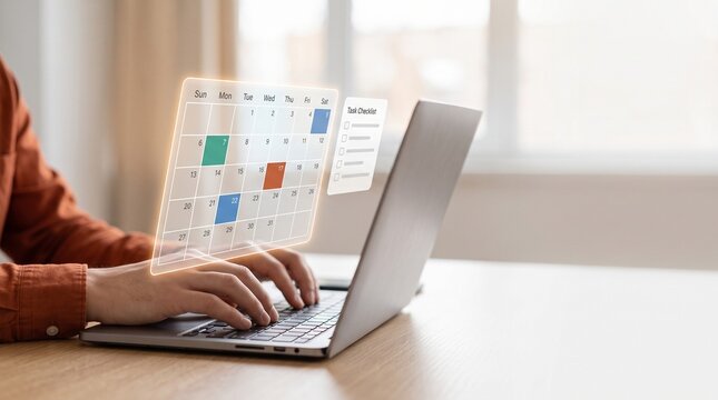 Digital Calendar Schedule and Task Checklist Concept with Person Typing on Laptop Keyboard at Desk