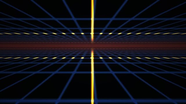 Fast Motion Retro Cyberpunk Grid Background with Neon Orange and Blue Glowing Lines
