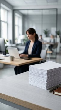 Professional woman focused on laptop work in modern office, large paper stack on desk highlights workload.