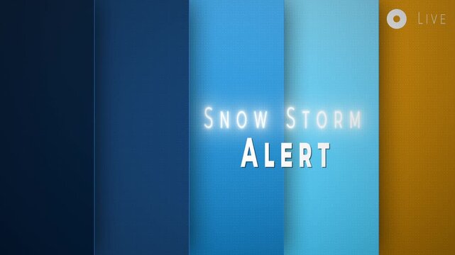 Snow Storm Alert Broadcast Graphic with Glowing Text and Blue Gold Striped Background