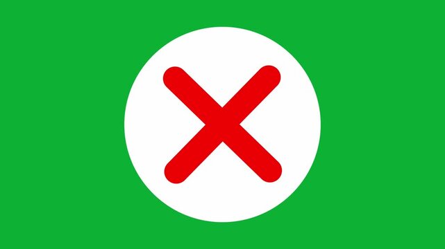 Animated red cross mark symbol inside a white circle appearing with a bounce effect on a chroma key green background