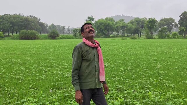 Happy indian farmer standing in green agriculture field looking up at sky during rain