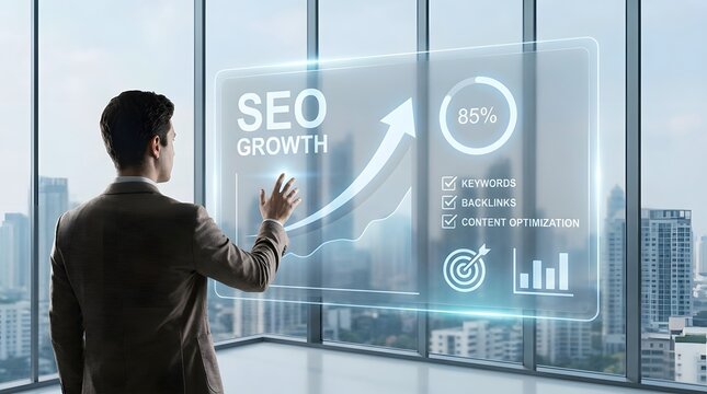 A professional businessman interacting with a digital holographic interface showing seo growth metrics in a modern high rise office
