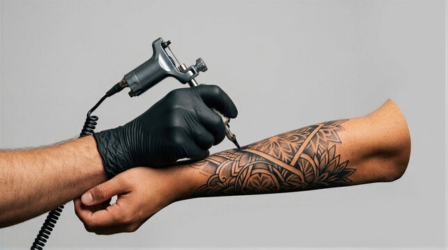 Tattoo artist tattooing geometric pattern on arm of man. Professional creation of permanent body art. Specialist using machine with glove in studio. Creative lifestyle and skin decoration.