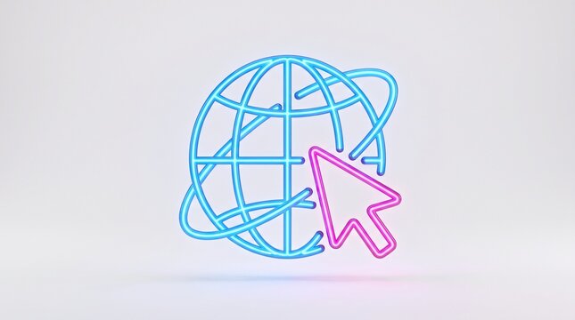 Vibrant neon 3D internet globe with cyan glowing lines and magenta mouse cursor arrow for global web connectivity and digital network communication