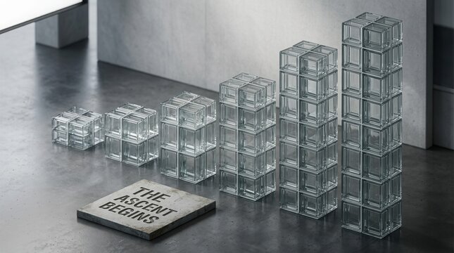 Isometric composition of six ascending glass cube towers representing a bar chart on a dark concrete floor next to a stone plaque engraved with the text THE ASCENT BEGINS.