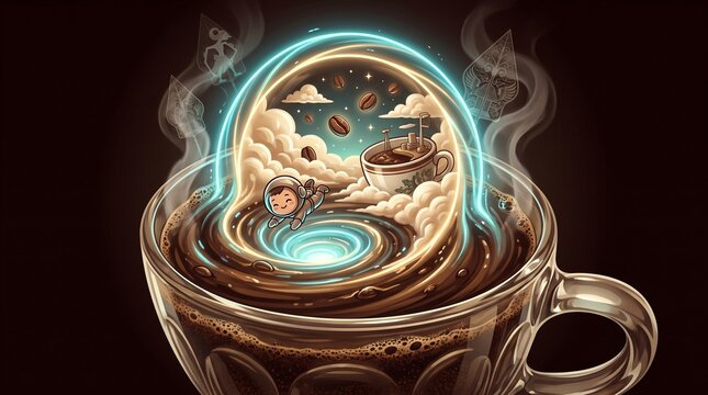 Chibi Astronaut Entering Glowing Magical Dome Above Coffee Cup With Wayang Shadow Puppets Dark Fantasy Illustration