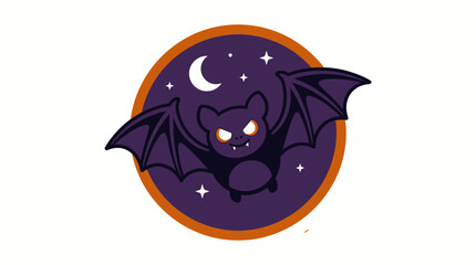 Angry purple bat with glowing orange eyes and sharp fangs flies within a circular frame featuring a crescent moon and stars on a white background.