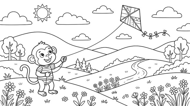 A cute cartoon monkey holding a string and flying a kite in a sunny landscape with rolling hills, green trees, flowers, and fluffy clouds above