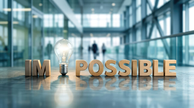 Impossible Word Split by a Glowing Light Bulb Transforming into Possible Representing Breakthrough, New Ideas and Finding Solutions
