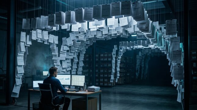 Man working at computer in industrial room surrounded by hanging documents, emphasizing the transition from paper to digital.