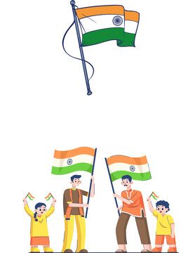 Indian family celebrating Independence Day. People holding national flags of India.