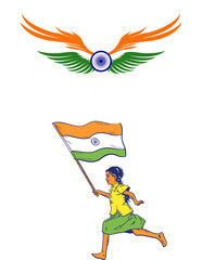 Indian girl running with national flag. Child celebrating Independence Day of India.