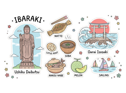 Ibaraki Prefecture Travel Vector Illustration Set featuring Ushiku Daibutsu, Oarai Isosaki Shrine, Natto, Lotus Root, Ankou Nabe, Melon, and Sailing