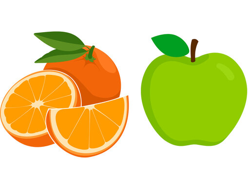 Fresh orange and green apple illustration. Healthy citrus and pomaceous fruit icons.