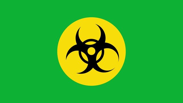 Biohazard symbol rotating inside yellow circle icon on green background animation for biohazard warning sign