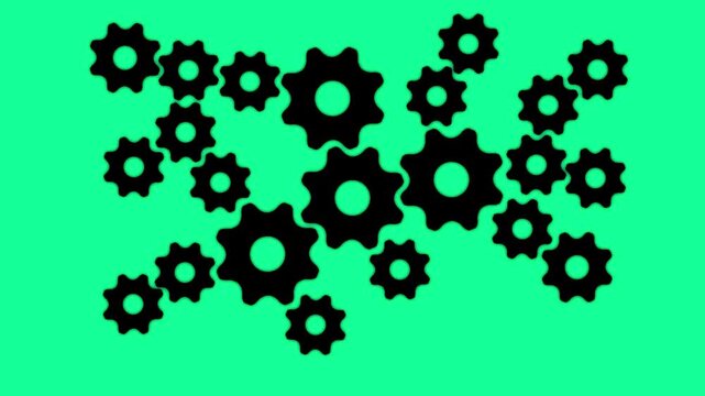 A collection of multiple black gear arranged in a cluster on a vibrant solid green background representing mechanical industry and teamwork