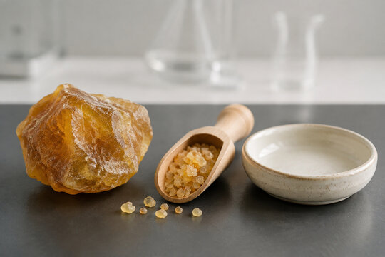 commiphora. Raw amber resin with wooden scoop and ceramic dish on lab bench, natural material crafting concept, STEM education sheets.