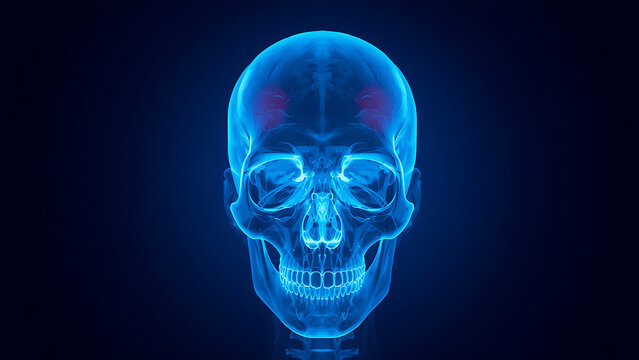 Glowing Blue Human Skull X-Ray with Highlighted Temporal Lobes, Medical Science and Anatomy Concept