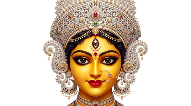 Goddess durga face with crown and jewelry, isolated on transparent background
