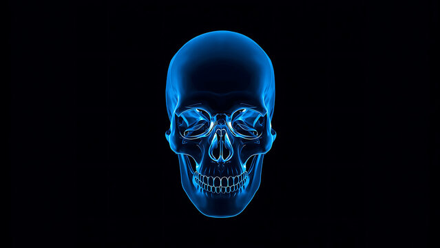 Glowing Blue Human Skull X-Ray, Dark Background, Medical Concept, Anatomy Study, Eerie Glow