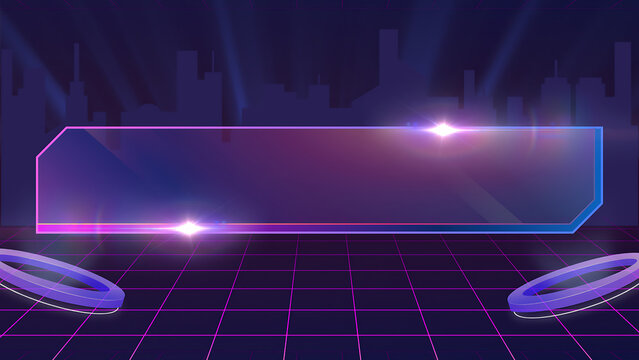 Abstract background with a modern geometric frame glowing with purple and blue light, featuring a futuristic grid floor and city silhouette.