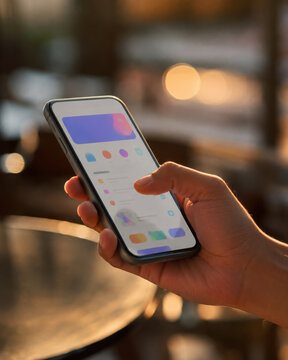 Smartphone mobile phone hand holding technology screen app interface with warm golden hour light and blurred background