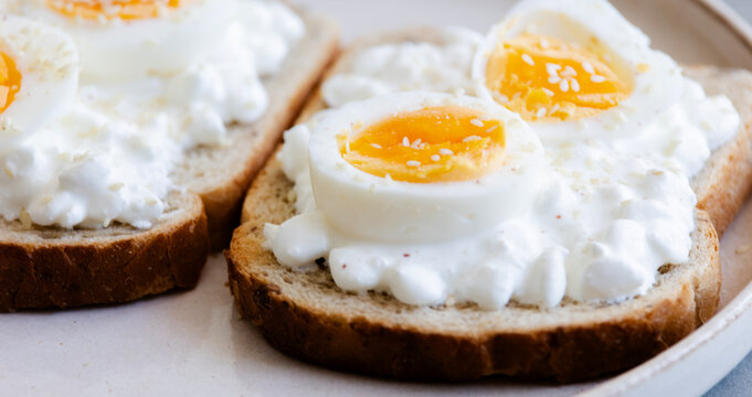 Healthy High Protein Cottage Cheese and Egg Sandwich Slices Served on Ceramic Dish
