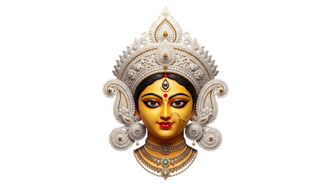Goddess durga face with crown and jewelry, isolated on transparent background