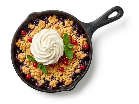 A delicious berry crumble dessert served in a small black cast skillet
