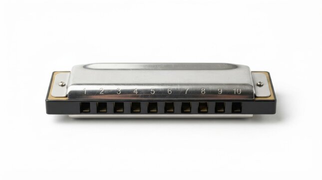 Close-up of silver harmonica on white background. Professional chromatic mouth organ for music production and performance.