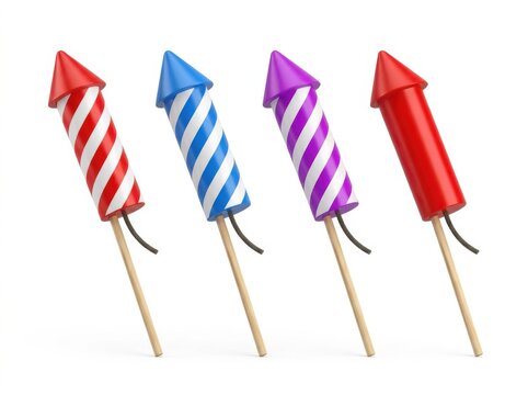 A collection of four colorful firework rockets isolated on a white background