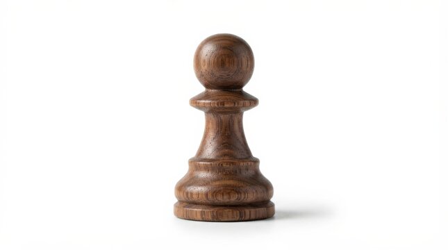 Wooden chess pawn standing alone on white background. Isolated brown game piece for strategy, leadership, and decision-making concepts.