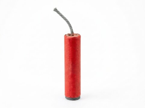A single red firecracker with a gray fuse isolated on white background