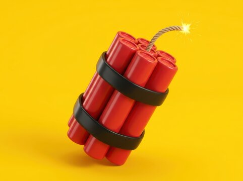 A bundle of red dynamite sticks with a lit fuse on yellow