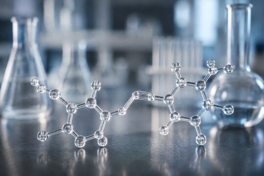 Chemical molecular model structure on laboratory table. Scientific research on wine composition and analysis. Enology and viticulture study in winery lab. Glassware for testing liquid.