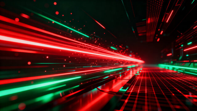 Dark futuristic background featuring vibrant neon red and green light beams with glowing cyber energy, dynamic digital motion, and abstract technology elements, creating a modern, immersive visual per