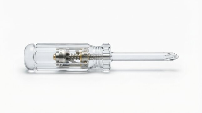 Precision glass screwdriver with ratcheting mechanism for delicate repairs. Transparent tool handle showcasing internal gear system for fine-tuned...