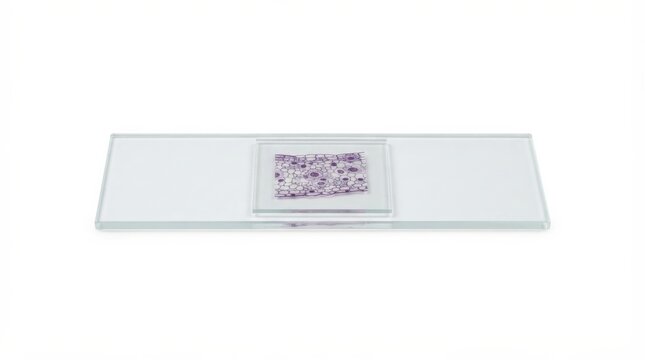 Empty glass microscope slide ready for lab sample. Clear medical specimen carrier for scientific research and diagnostics.